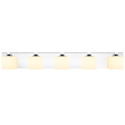 5-Light Chrome Vanity Light – Modern Bathroom Wall Fixture with Etched Opal Glass