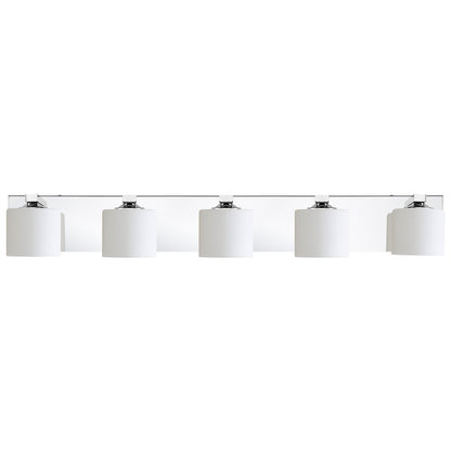 5-Light Chrome Vanity Light – Modern Bathroom Wall Fixture with Etched Opal Glass