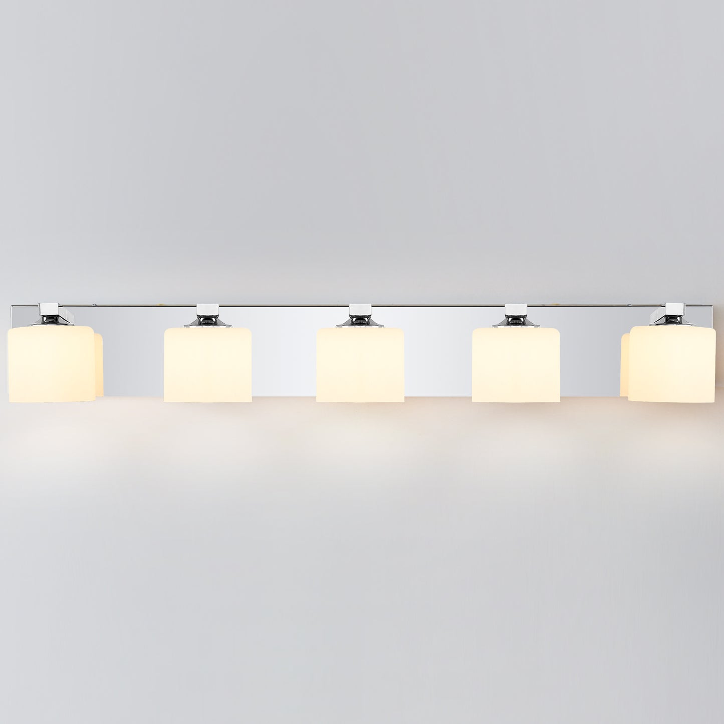 5-Light Chrome Vanity Light – Modern Bathroom Wall Fixture with Etched Opal Glass