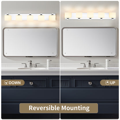5-Light Chrome Vanity Light – Modern Bathroom Wall Fixture with Etched Opal Glass