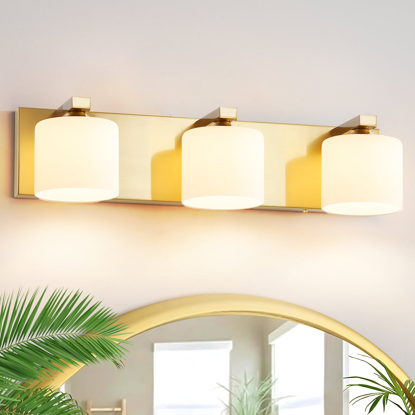 3-Light Gold Vanity Light – Modern Bathroom Wall Fixture with Etched Opal Glass