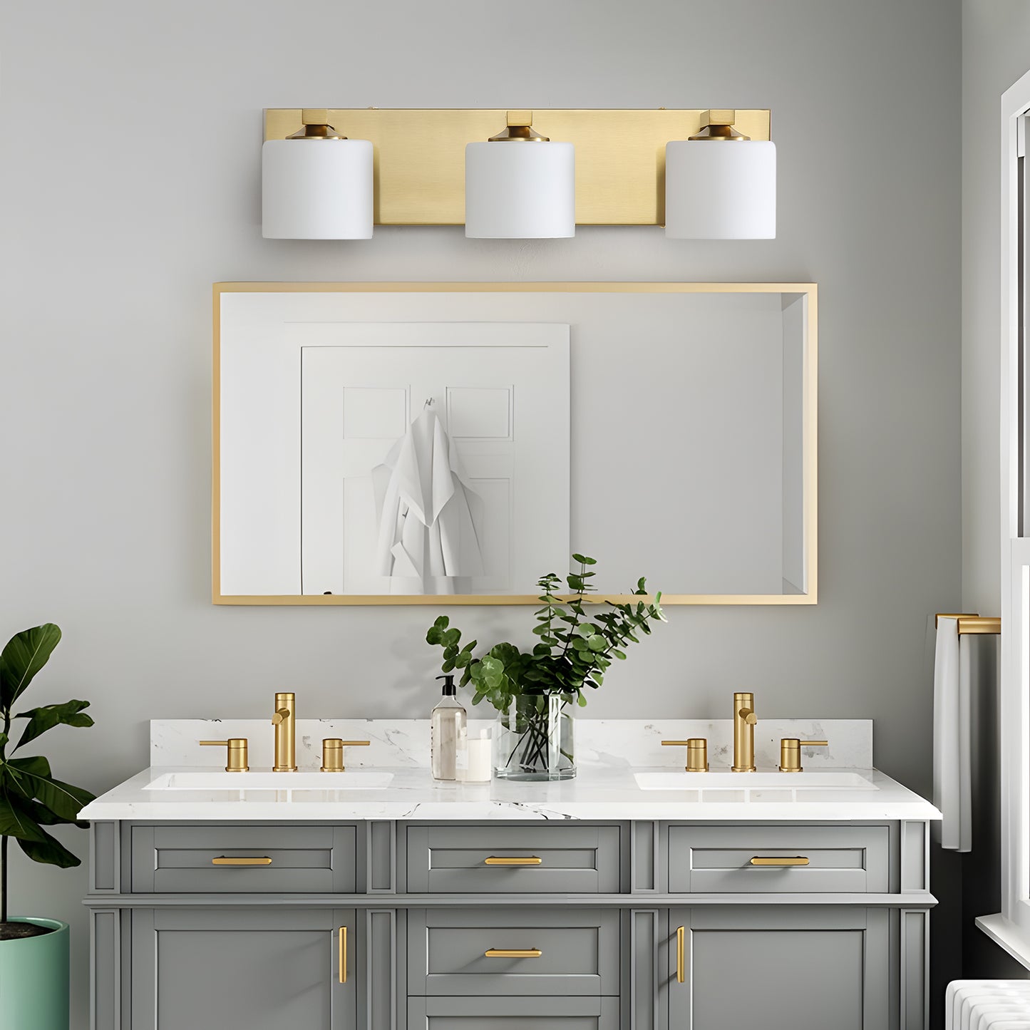 3-Light Gold Vanity Light – Modern Bathroom Wall Fixture with Etched Opal Glass