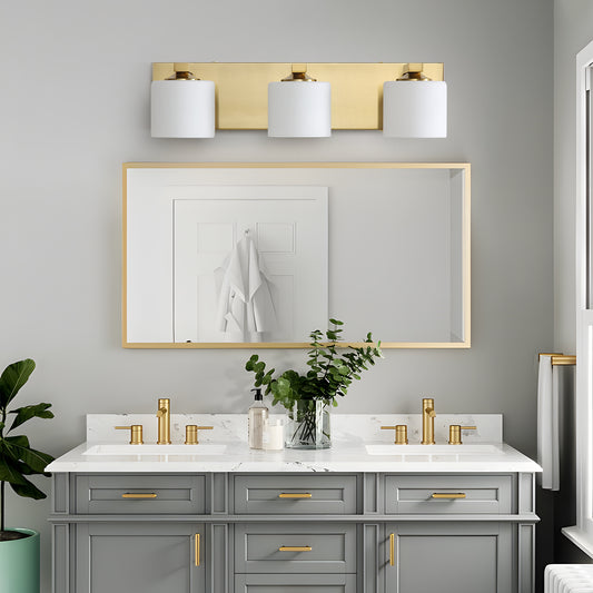 3-Light Gold Vanity Light – Modern Bathroom Wall Fixture with Etched Opal Glass