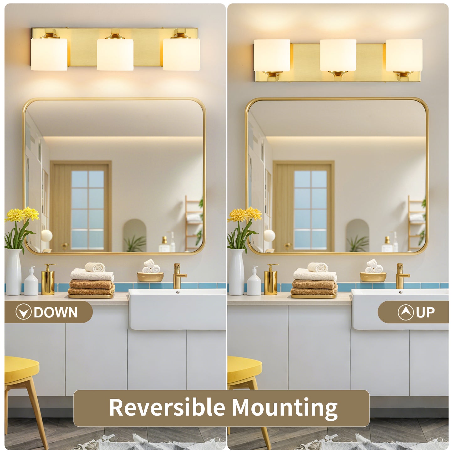 3-Light Gold Vanity Light – Modern Bathroom Wall Fixture with Etched Opal Glass