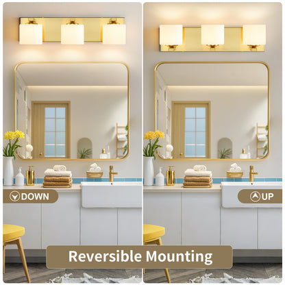 3-Light Gold Vanity Light – Modern Bathroom Wall Fixture with Etched Opal Glass