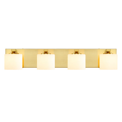 4-Light Gold Vanity Light – Modern Bathroom Wall Fixture with Etched Opal Glass