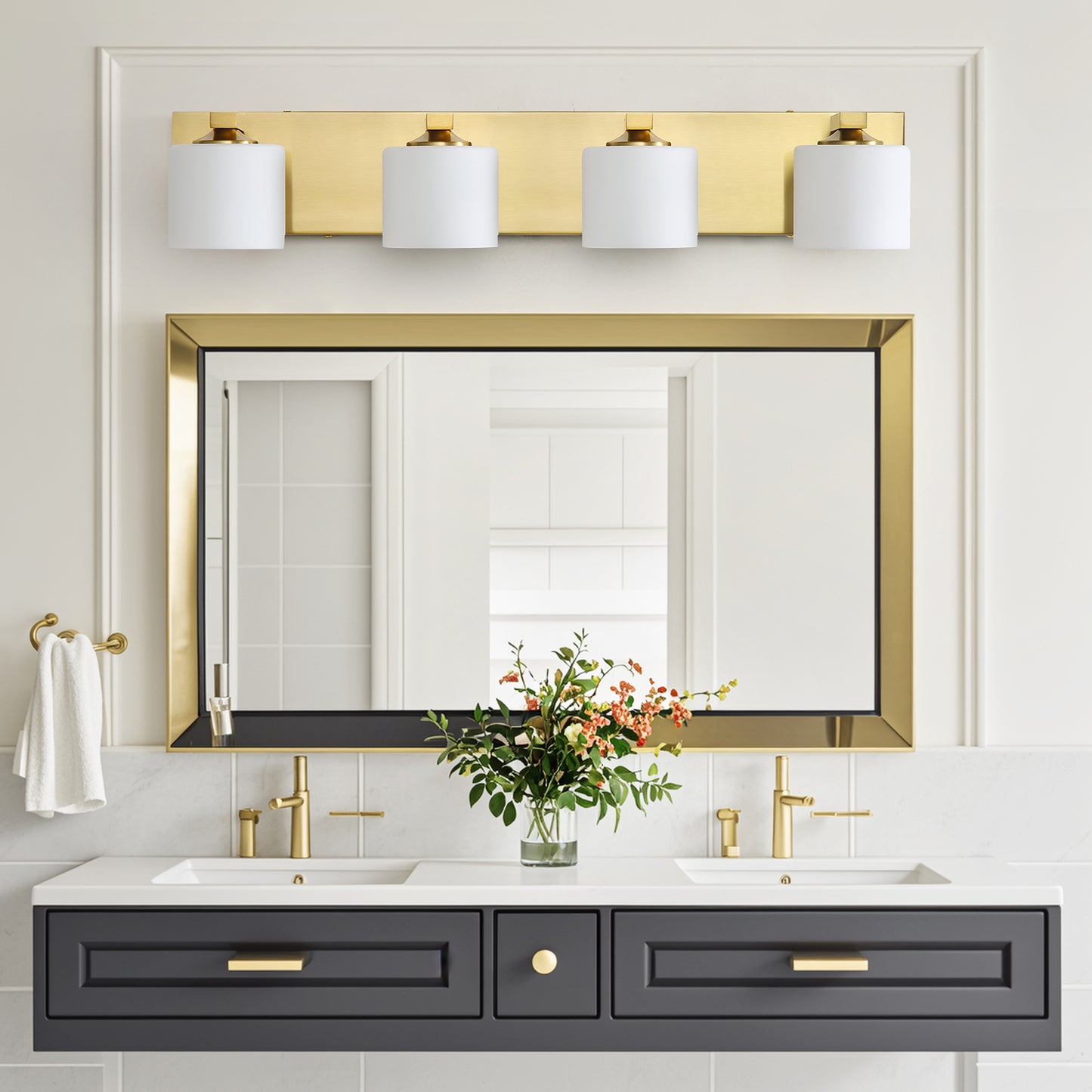 4-Light Gold Vanity Light – Modern Bathroom Wall Fixture with Etched Opal Glass