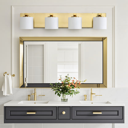 4-Light Gold Vanity Light – Modern Bathroom Wall Fixture with Etched Opal Glass