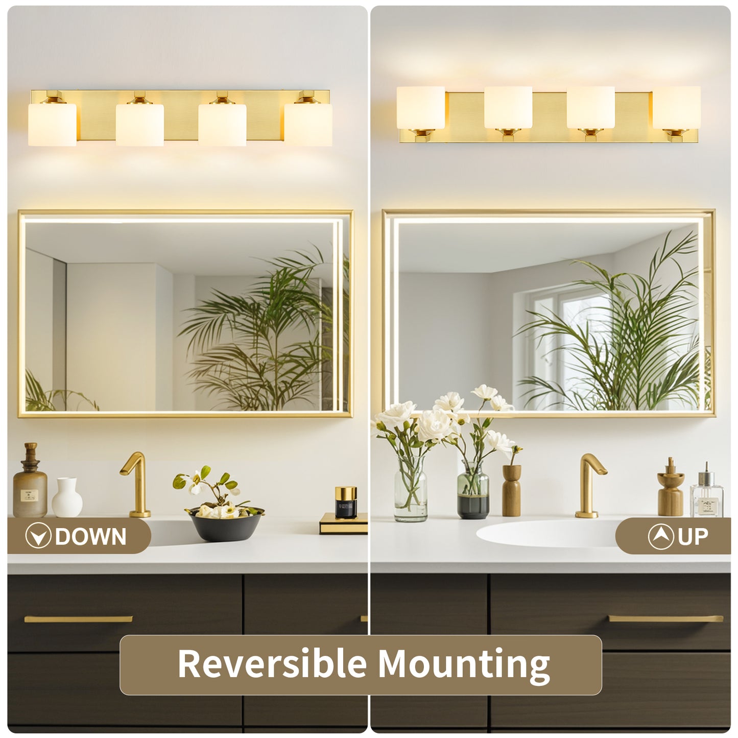 4-Light Gold Vanity Light – Modern Bathroom Wall Fixture with Etched Opal Glass