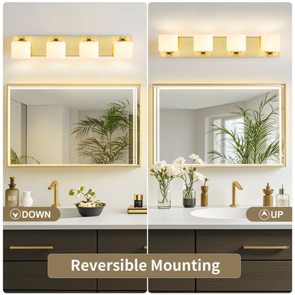 4-Light Gold Vanity Light – Modern Bathroom Wall Fixture with Etched Opal Glass