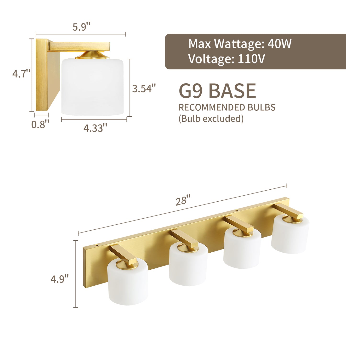 4-Light Gold Vanity Light – Modern Bathroom Wall Fixture with Etched Opal Glass