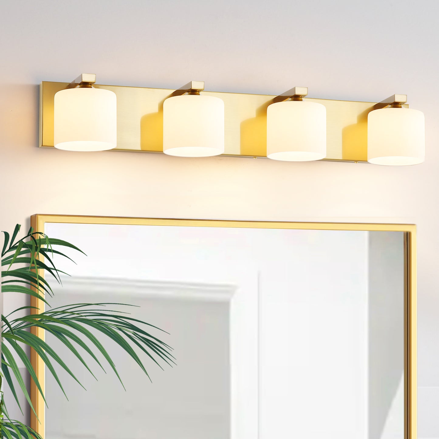 4-Light Gold Vanity Light – Modern Bathroom Wall Fixture with Etched Opal Glass