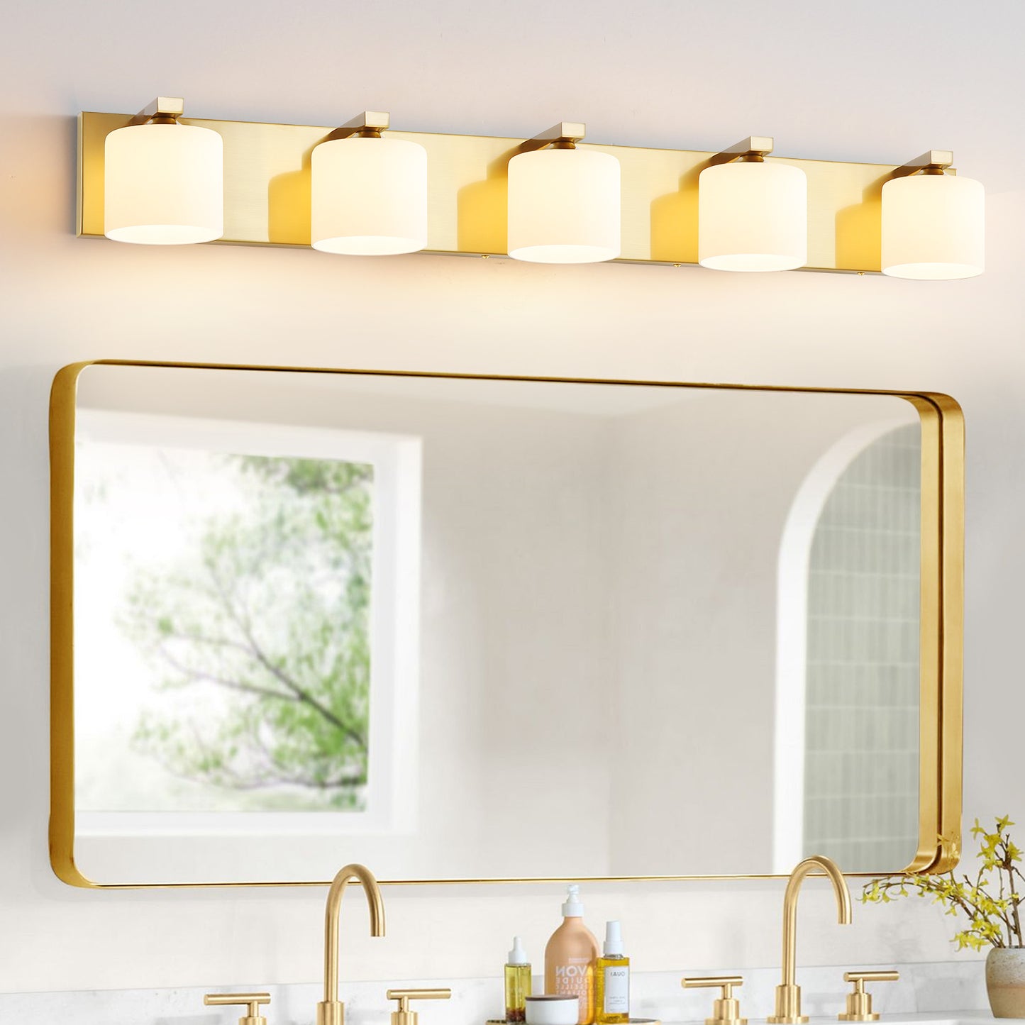 5-Light Gold Vanity Light – Modern Bathroom Wall Fixture with Etched Opal Glass