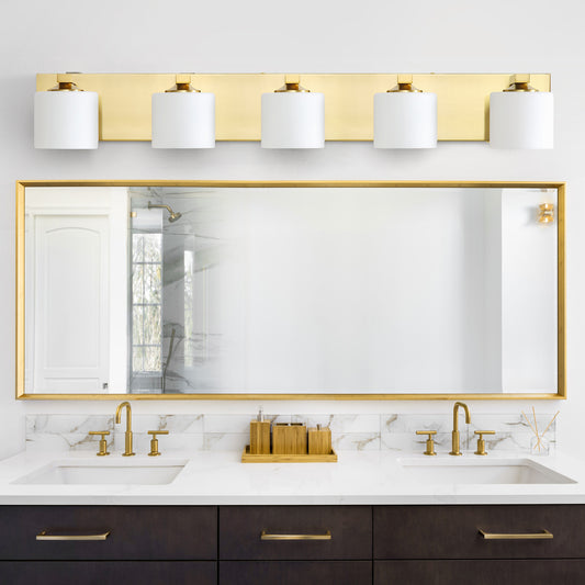 5-Light Gold Vanity Light – Modern Bathroom Wall Fixture with Etched Opal Glass