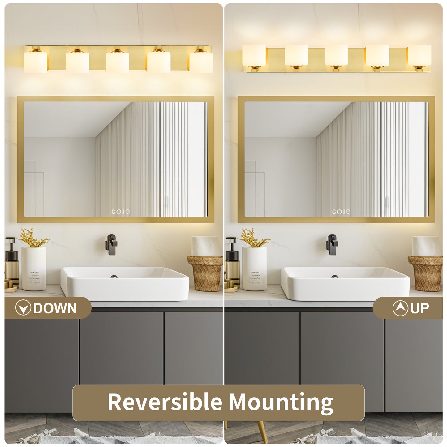5-Light Gold Vanity Light – Modern Bathroom Wall Fixture with Etched Opal Glass