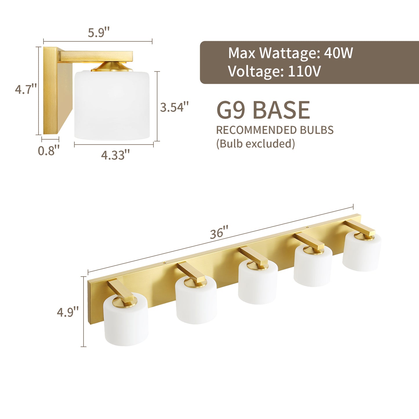 5-Light Gold Vanity Light – Modern Bathroom Wall Fixture with Etched Opal Glass