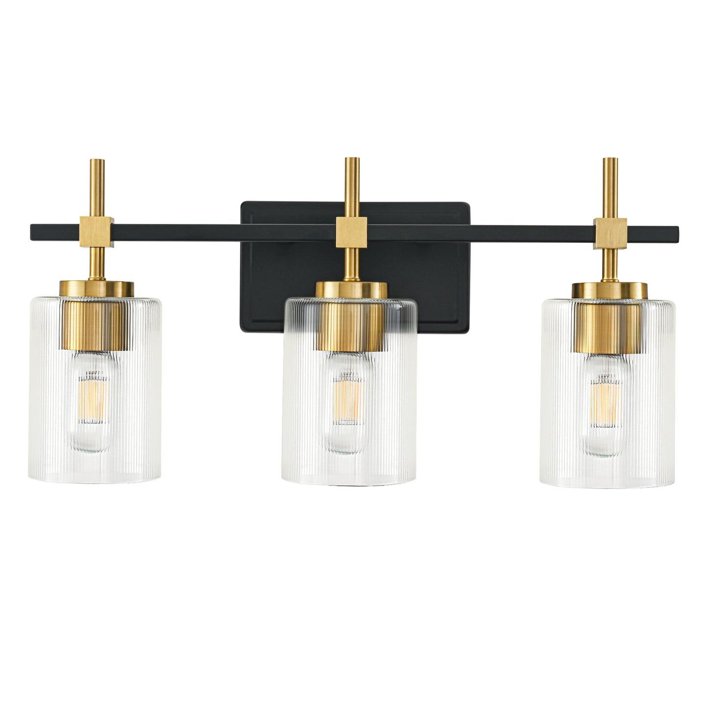 3-Light Black & Gold Vanity Light – Modern Bathroom Wall Light with Ribbed Glass