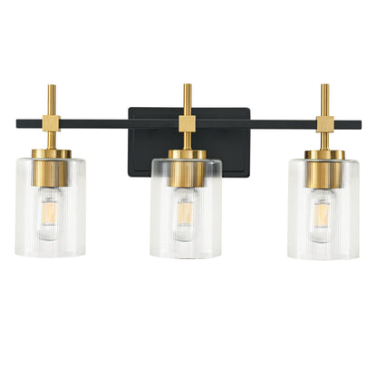 3-Light Black & Gold Vanity Light – Modern Bathroom Wall Light with Ribbed Glass