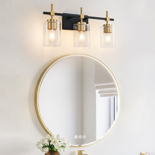 3-Light Black & Gold Vanity Light – Modern Bathroom Wall Light with Ribbed Glass