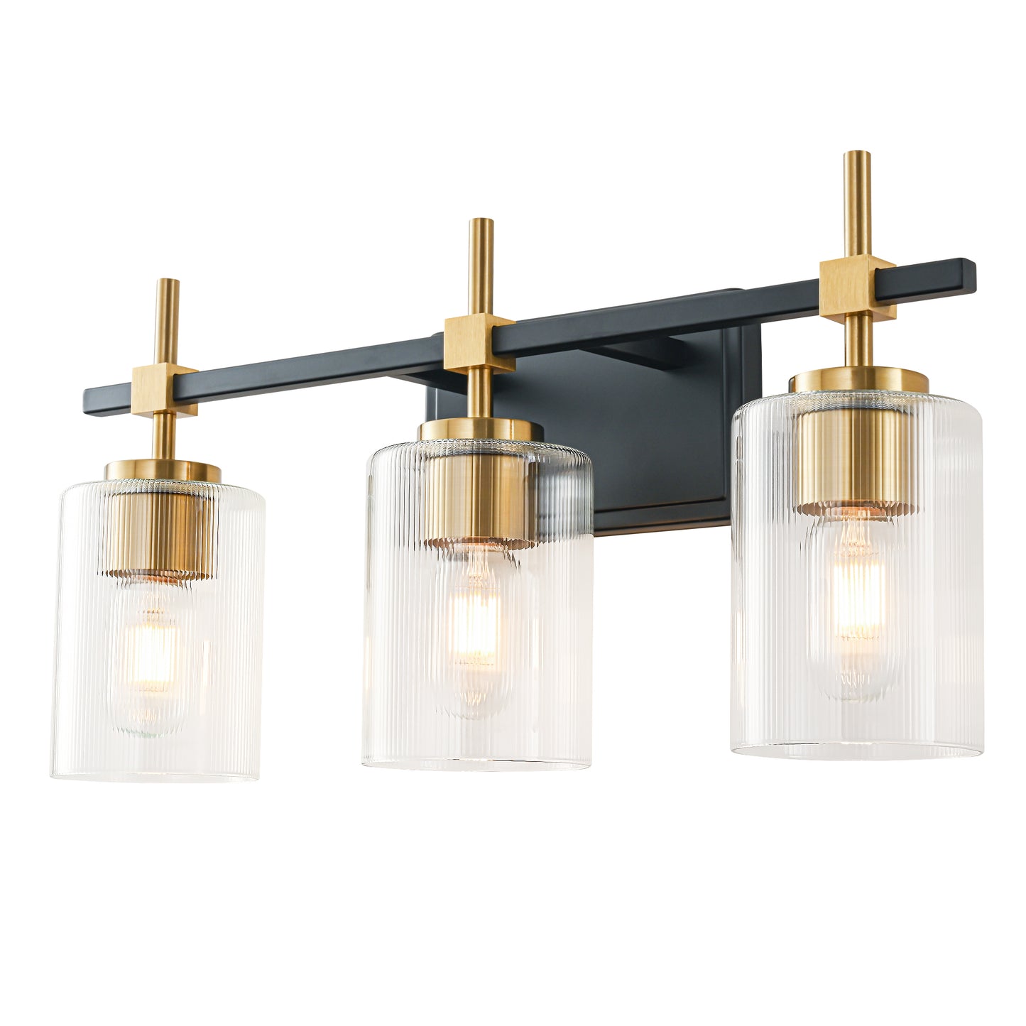 3-Light Black & Gold Vanity Light – Modern Bathroom Wall Light with Ribbed Glass