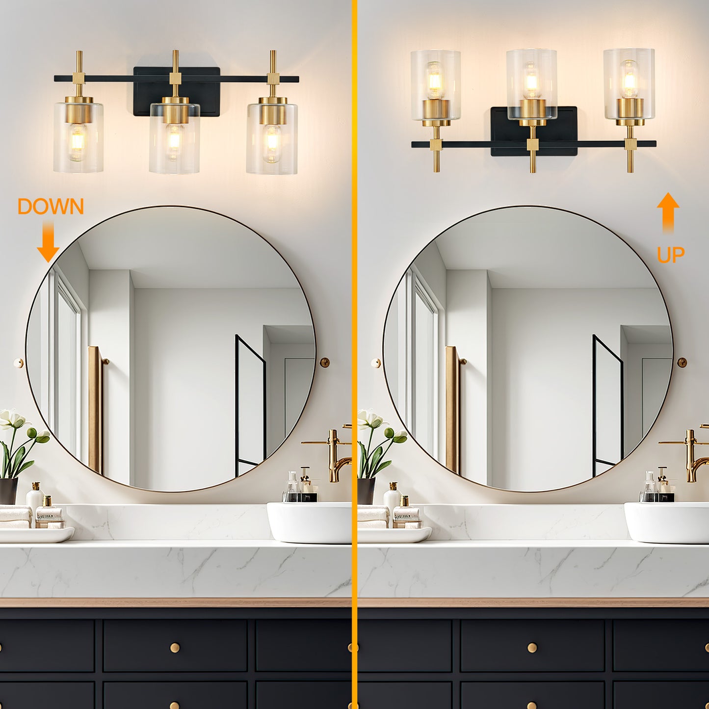 3-Light Black & Gold Vanity Light – Modern Bathroom Wall Light with Ribbed Glass