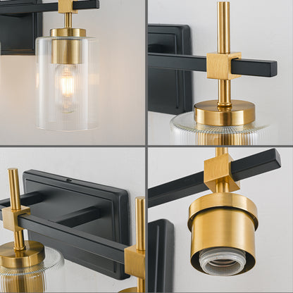 3-Light Black & Gold Vanity Light – Modern Bathroom Wall Light with Ribbed Glass