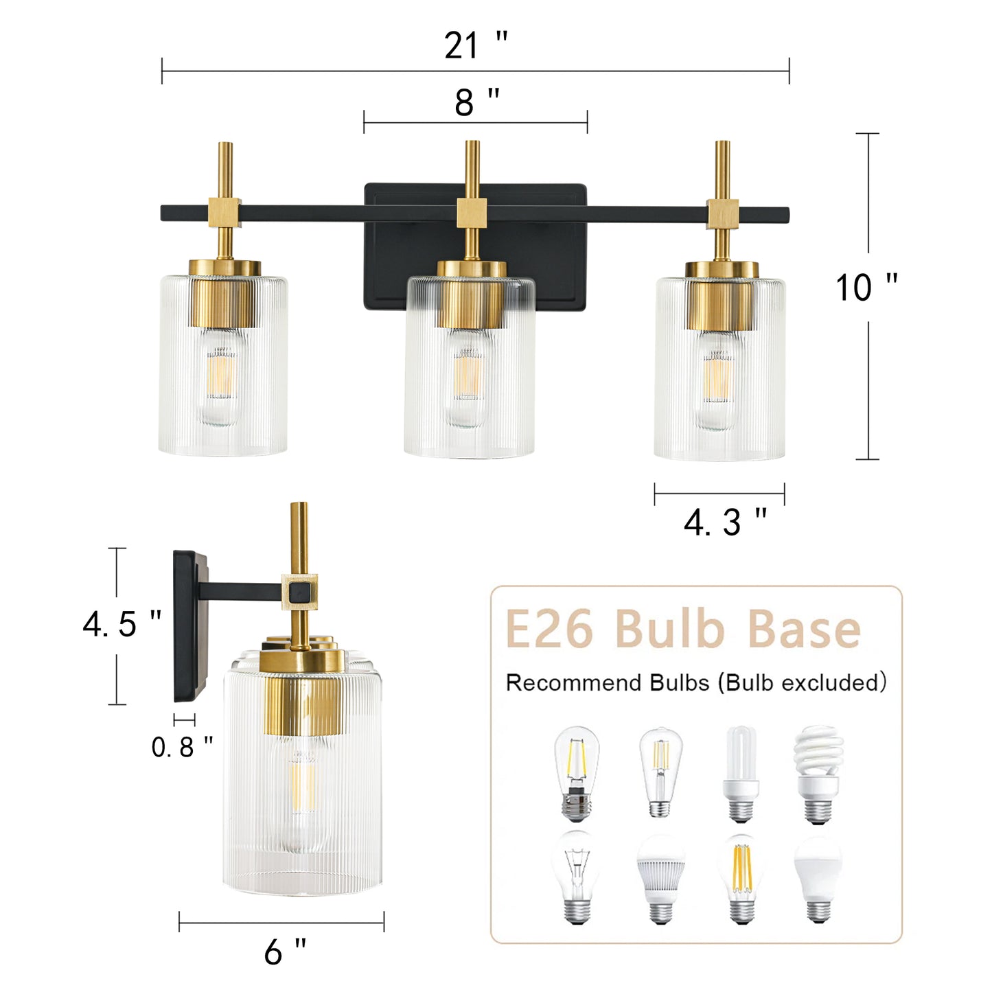 3-Light Black & Gold Vanity Light – Modern Bathroom Wall Light with Ribbed Glass