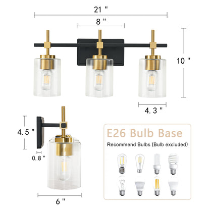 3-Light Black & Gold Vanity Light – Modern Bathroom Wall Light with Ribbed Glass