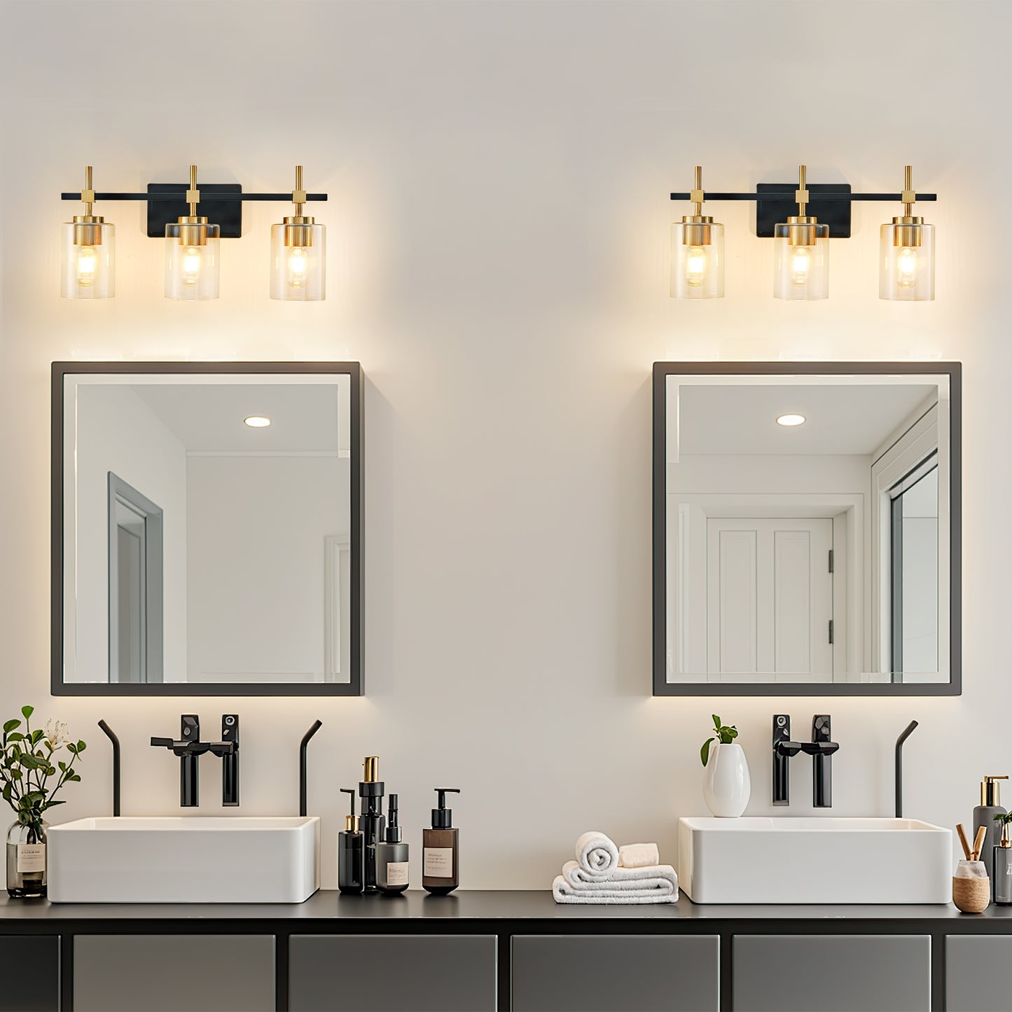 3-Light Black & Gold Vanity Light – Modern Bathroom Wall Light with Ribbed Glass