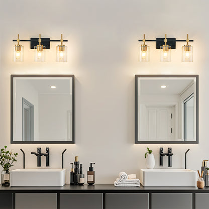 3-Light Black & Gold Vanity Light – Modern Bathroom Wall Light with Ribbed Glass