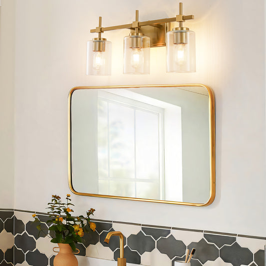 Vanity Light 3-Light Gold Bathroom with Ribbed Clear Glass