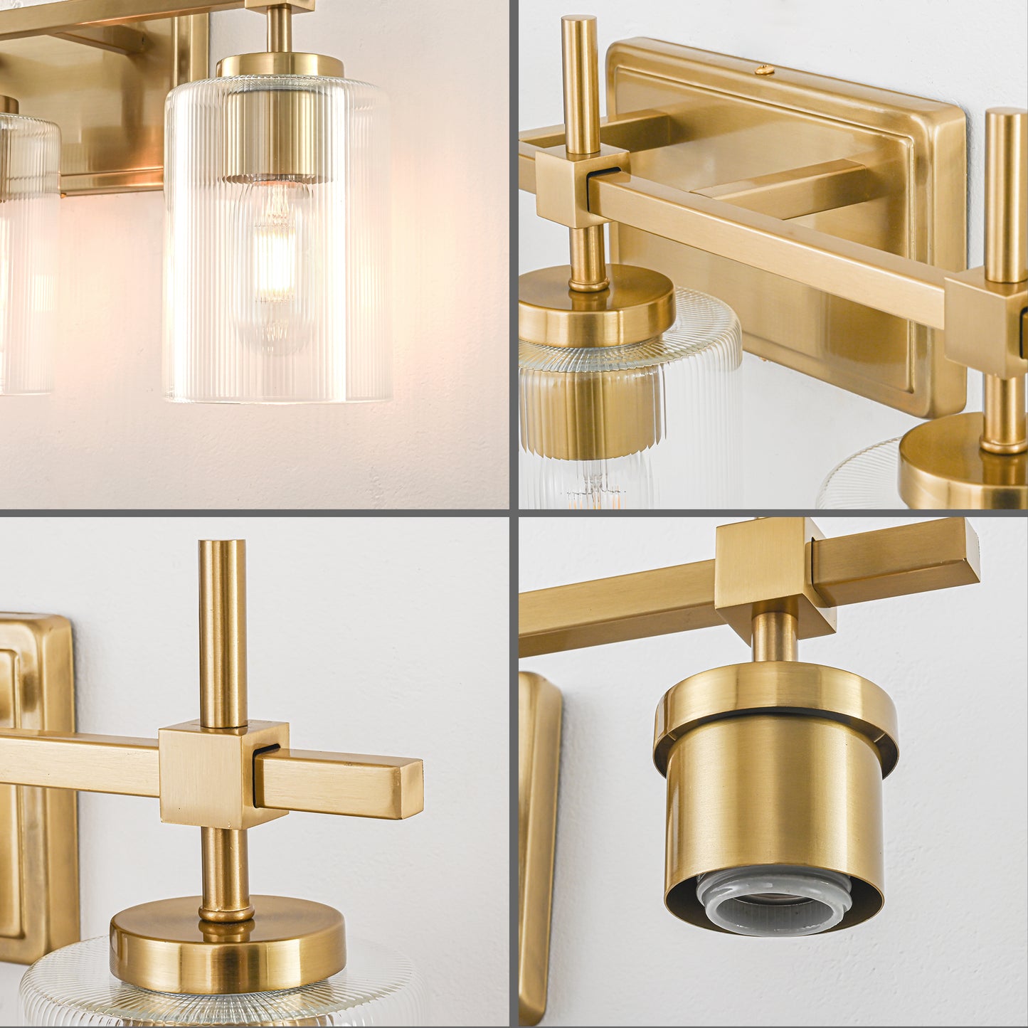 Vanity Light 3-Light Gold Bathroom with Ribbed Clear Glass