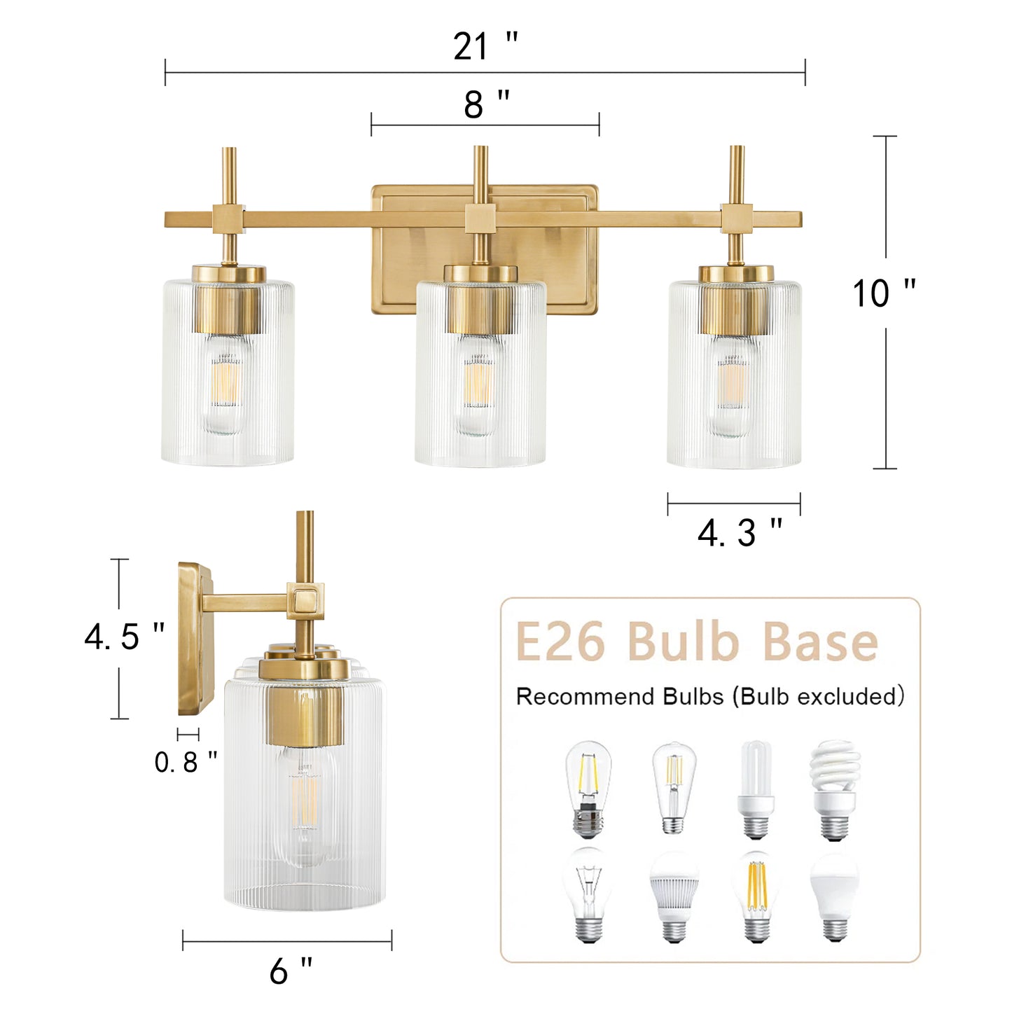 Vanity Light 3-Light Gold Bathroom with Ribbed Clear Glass
