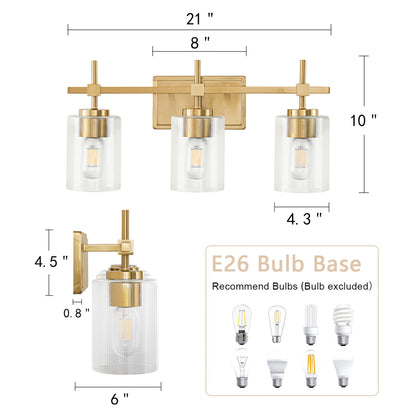 Vanity Light 3-Light Gold Bathroom with Ribbed Clear Glass