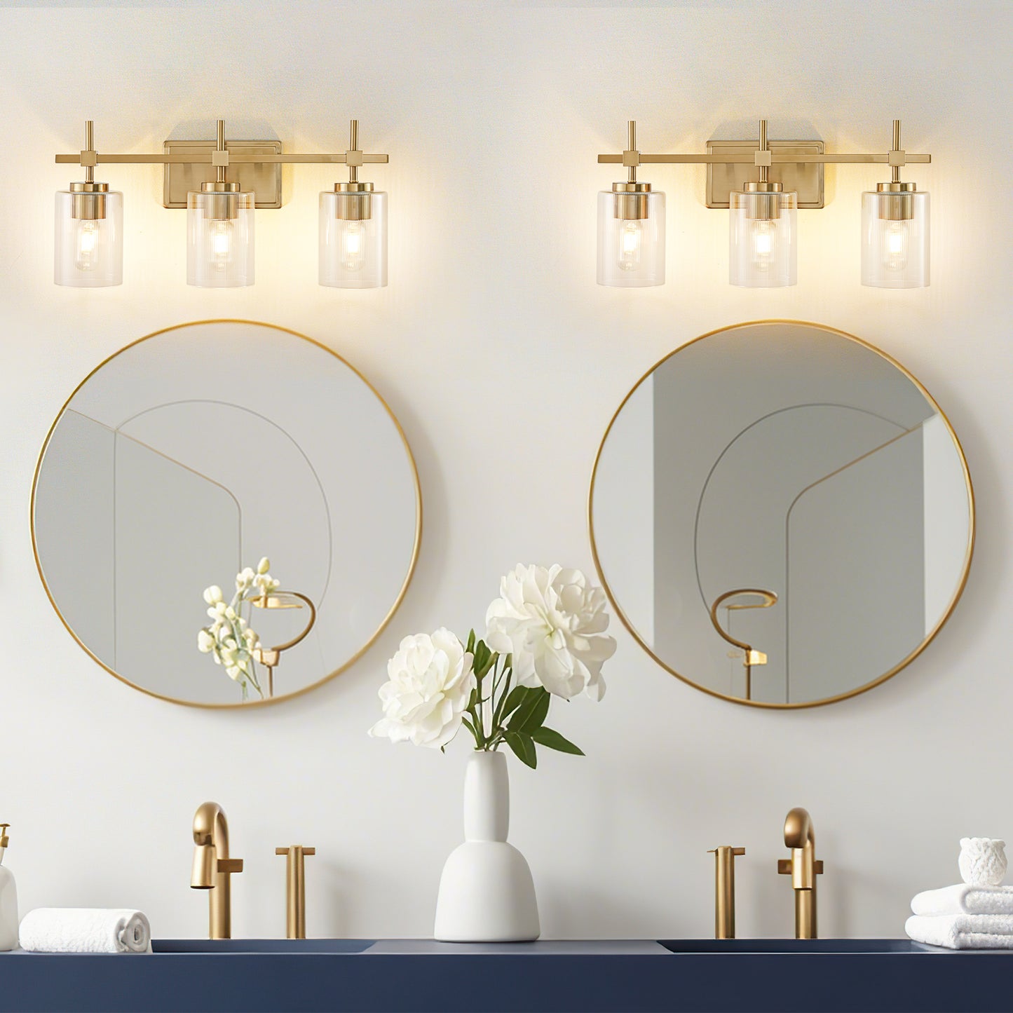 Vanity Light 3-Light Gold Bathroom with Ribbed Clear Glass