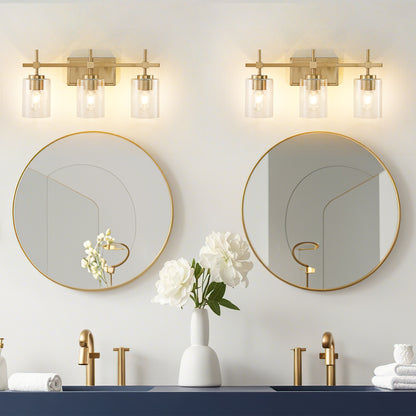 Vanity Light 3-Light Gold Bathroom with Ribbed Clear Glass