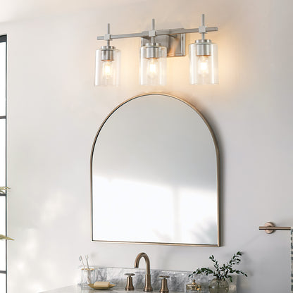 3-Light Brushed Nickel Vanity Light – Modern Bathroom Wall Light with Ribbed Glass