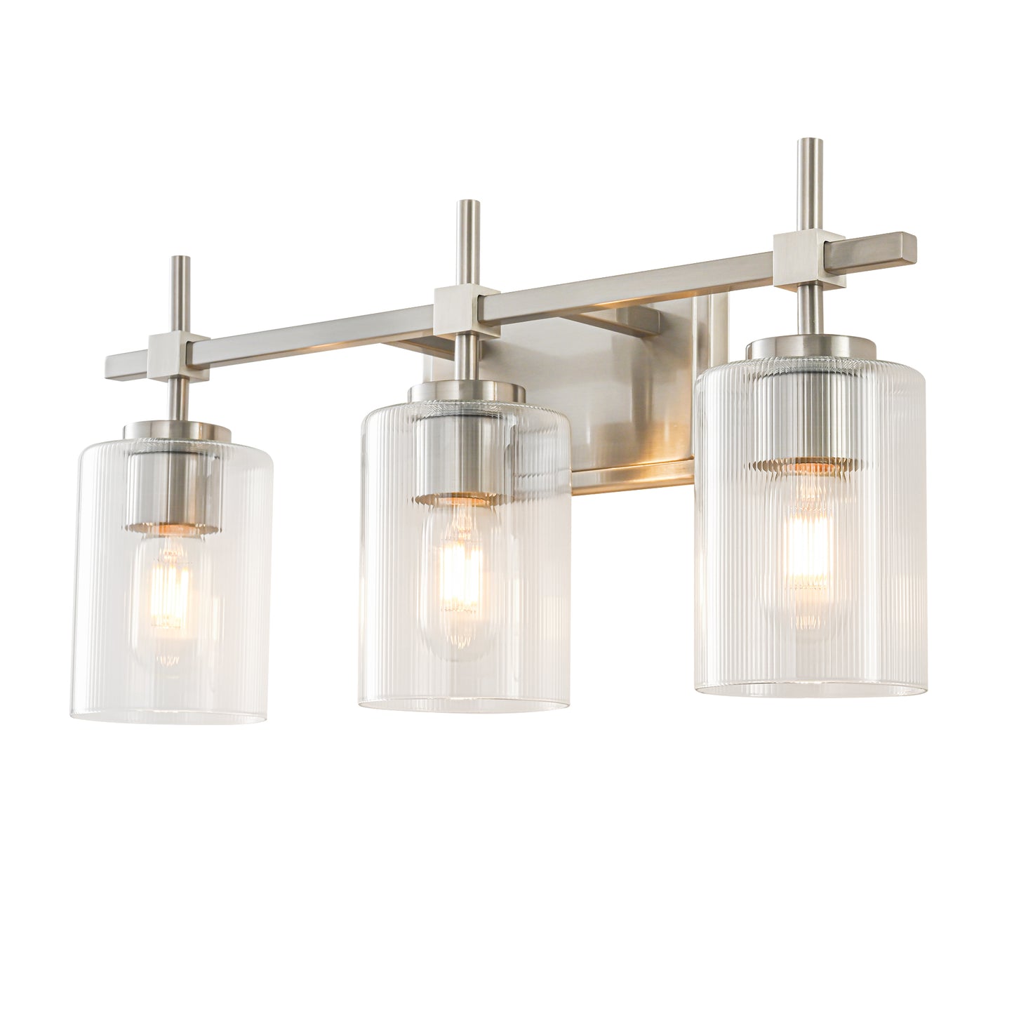 3-Light Brushed Nickel Vanity Light – Modern Bathroom Wall Light with Ribbed Glass
