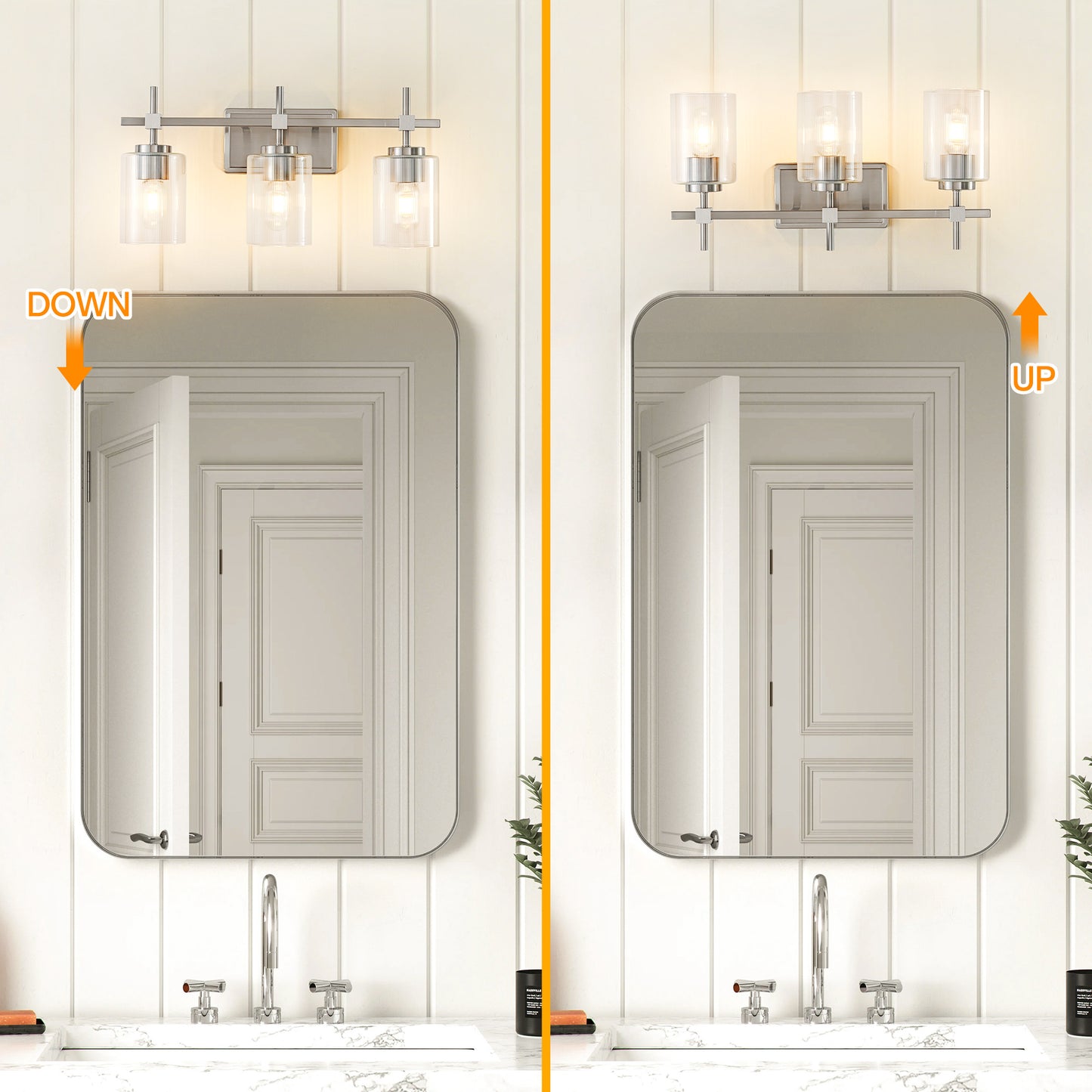 3-Light Brushed Nickel Vanity Light – Modern Bathroom Wall Light with Ribbed Glass