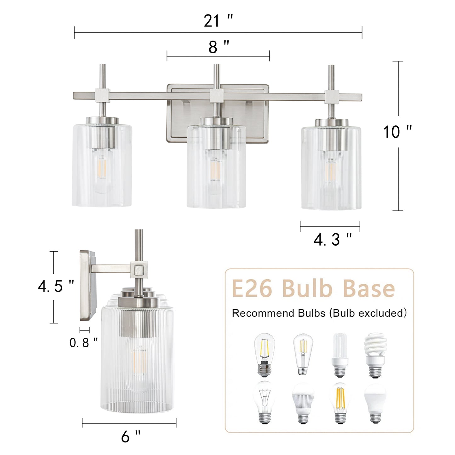 3-Light Brushed Nickel Vanity Light – Modern Bathroom Wall Light with Ribbed Glass