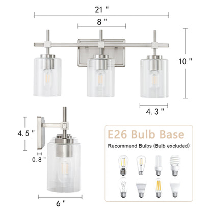 3-Light Brushed Nickel Vanity Light – Modern Bathroom Wall Light with Ribbed Glass
