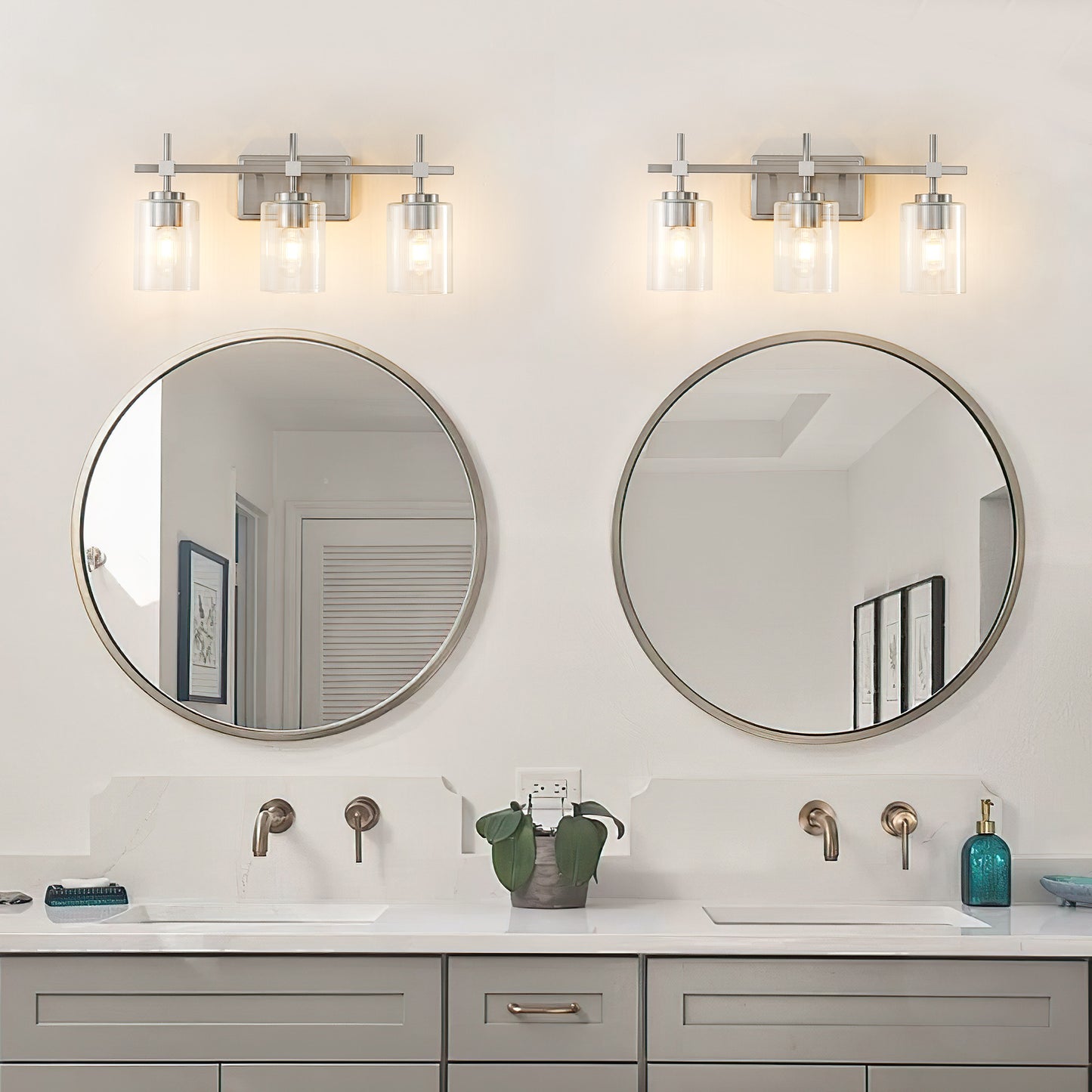 3-Light Brushed Nickel Vanity Light – Modern Bathroom Wall Light with Ribbed Glass