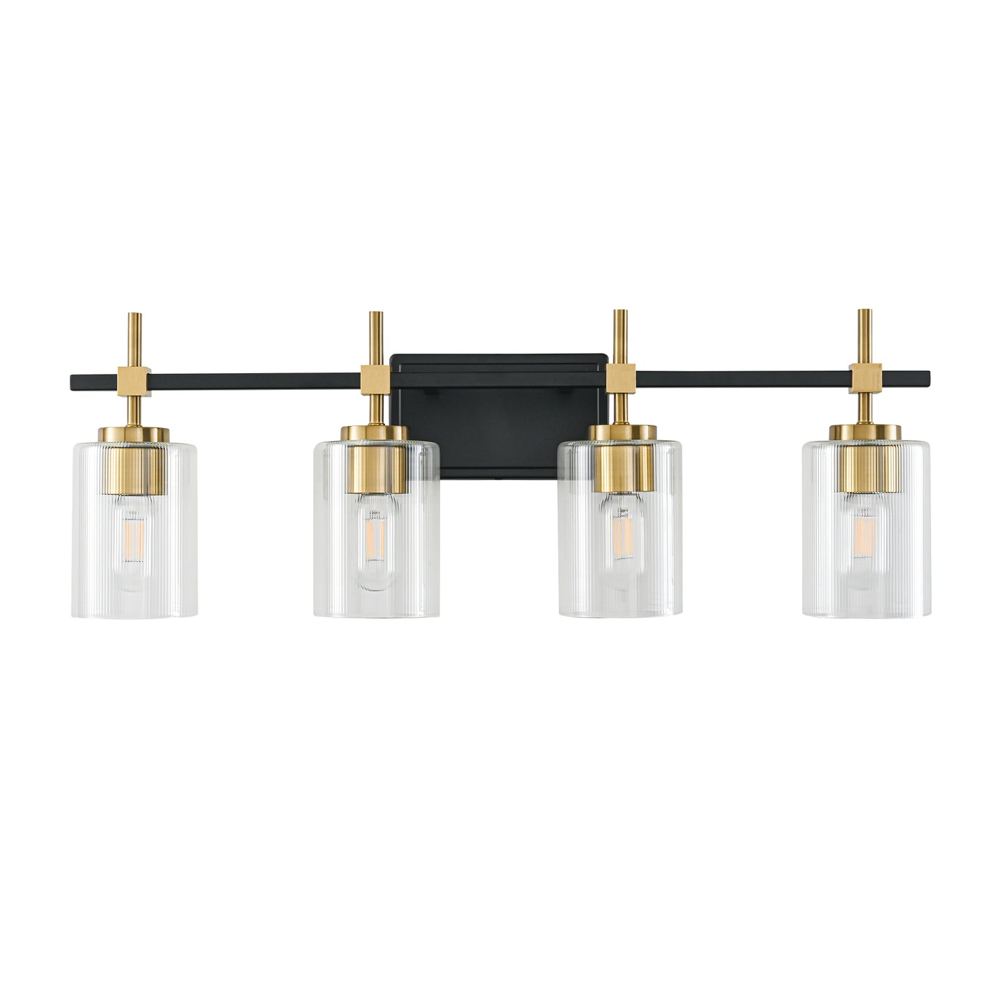 4-Light Black & Gold Vanity Light – Modern Bathroom Wall Light with Ribbed Glass