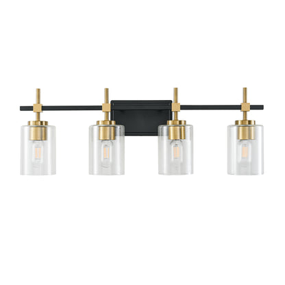 4-Light Black & Gold Vanity Light – Modern Bathroom Wall Light with Ribbed Glass