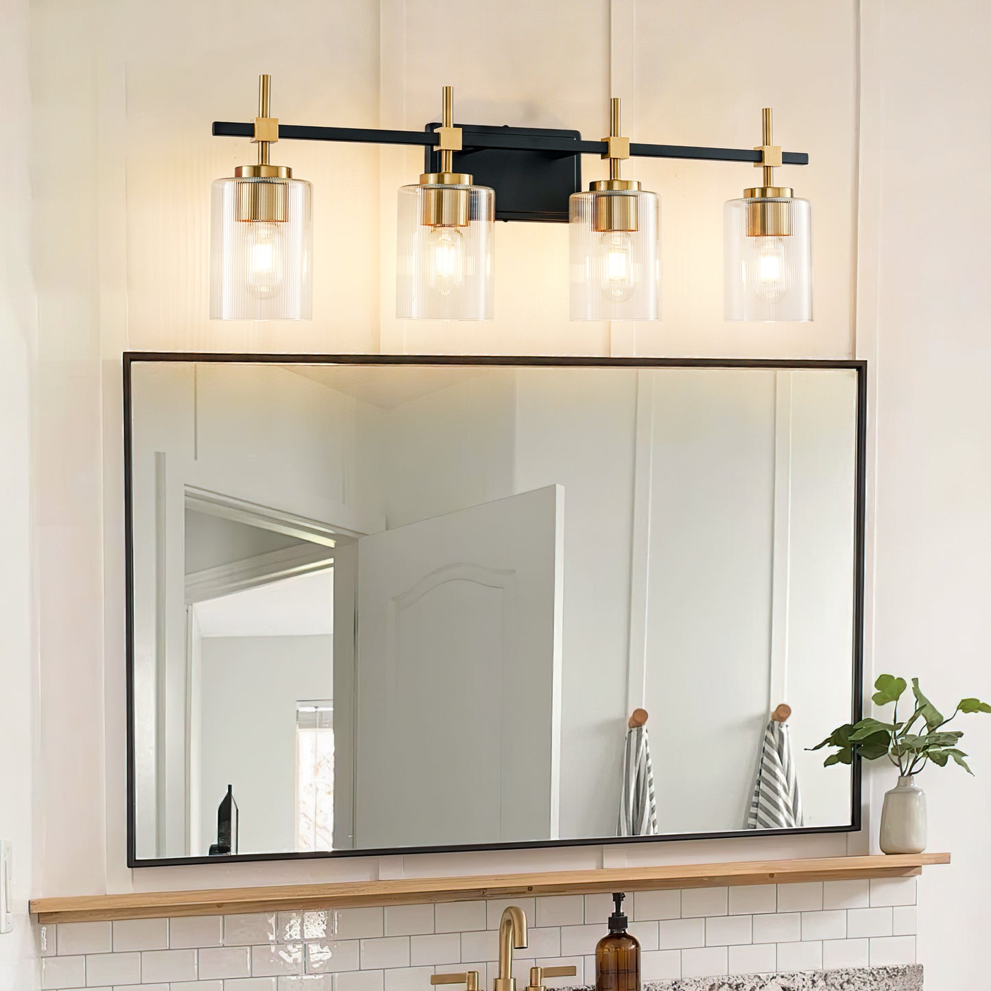 4-Light Black & Gold Vanity Light – Modern Bathroom Wall Light with Ribbed Glass
