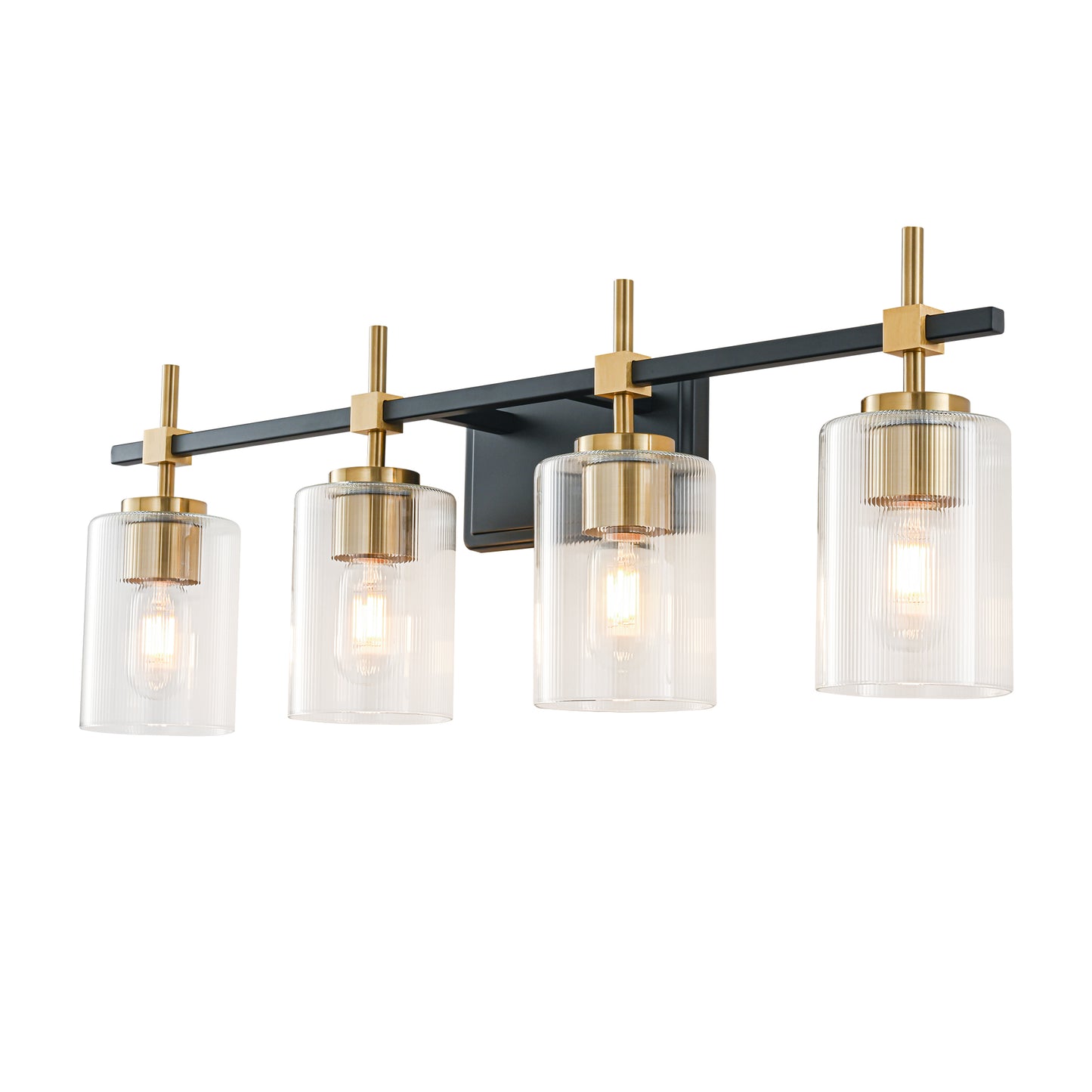 4-Light Black & Gold Vanity Light – Modern Bathroom Wall Light with Ribbed Glass