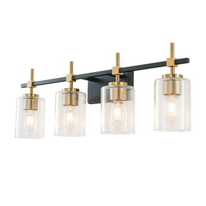 4-Light Black & Gold Vanity Light – Modern Bathroom Wall Light with Ribbed Glass