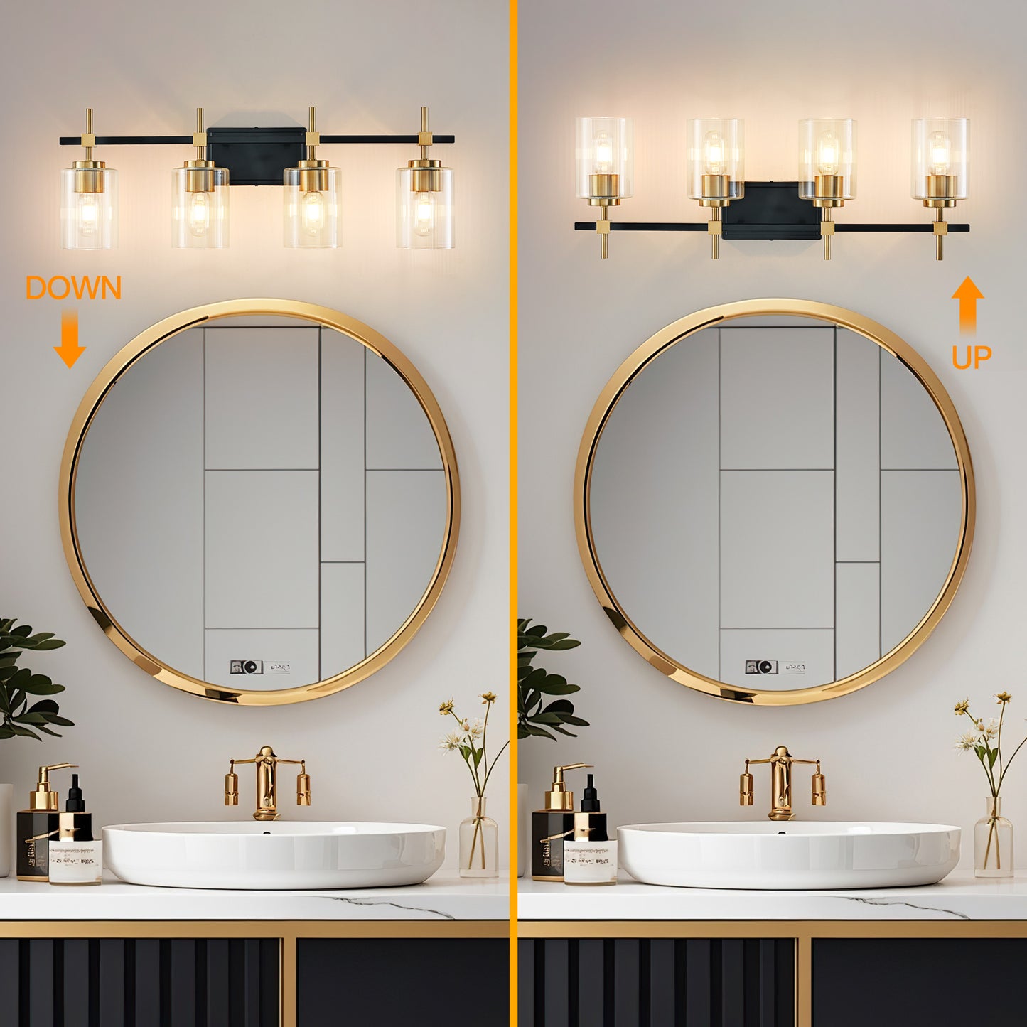 4-Light Black & Gold Vanity Light – Modern Bathroom Wall Light with Ribbed Glass