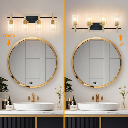 4-Light Black & Gold Vanity Light – Modern Bathroom Wall Light with Ribbed Glass