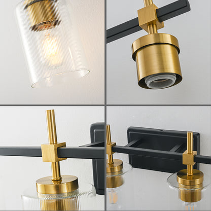 4-Light Black & Gold Vanity Light – Modern Bathroom Wall Light with Ribbed Glass